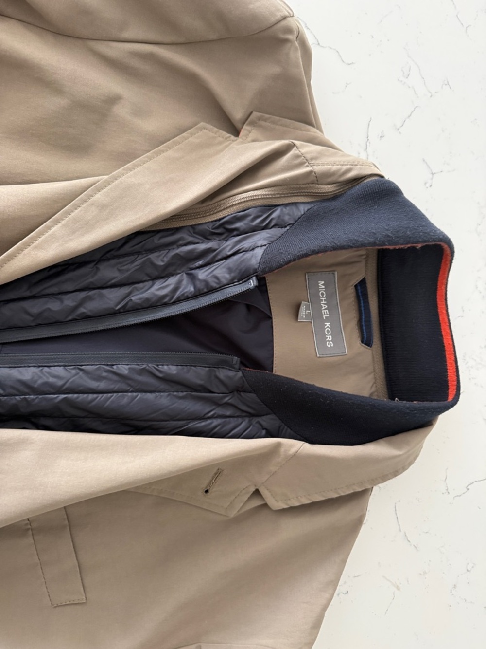 Michael Kors Men's Tan Shirt Jacket with Black Quilted Liner and Red Trim